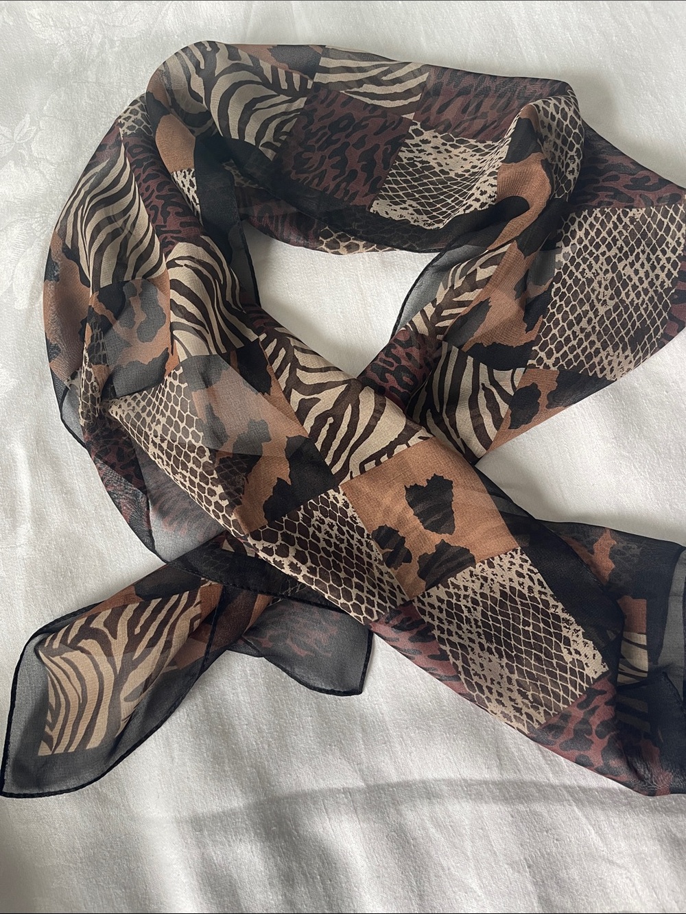 Animal Print Patchwork Scarf in Brown and Black